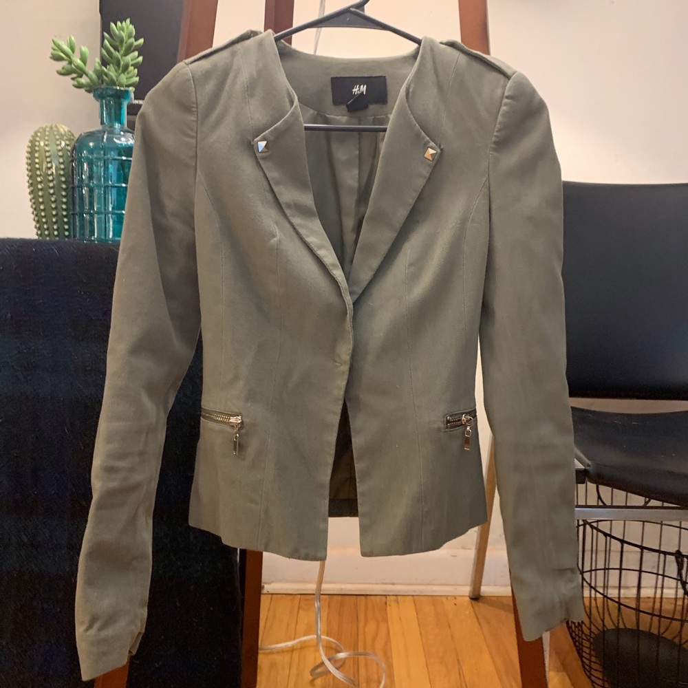H&M Olive Fitted Blazer w/ Stud Zipper Details